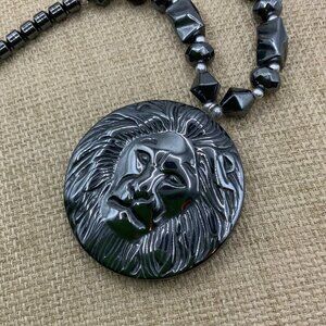 Hematite Beaded Vintage Large Lion's Head Pendant Necklace